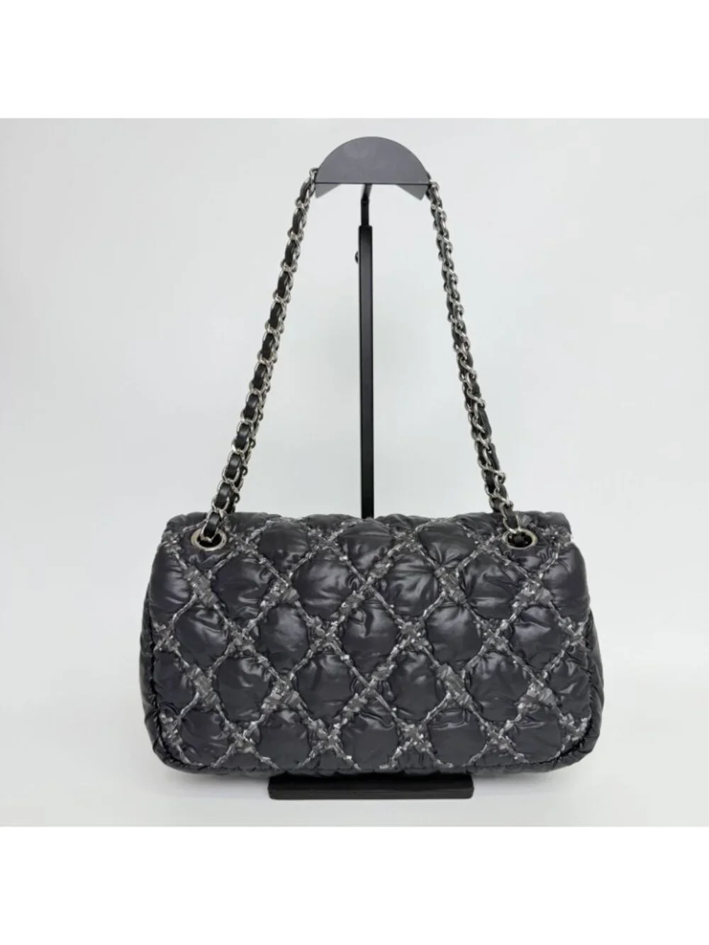 Chanel Quilted Tweed on Stitch Bubble Flap Shoulder Bag Nylon Black Silver Seal
